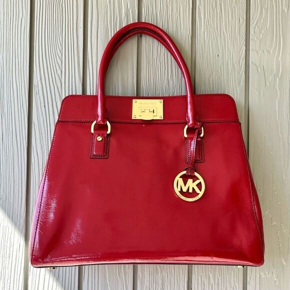 Michael Kors Red Patent Satchel Gold HW, Flip-Lock, MK Charm, 13" - Picture 1 of 10